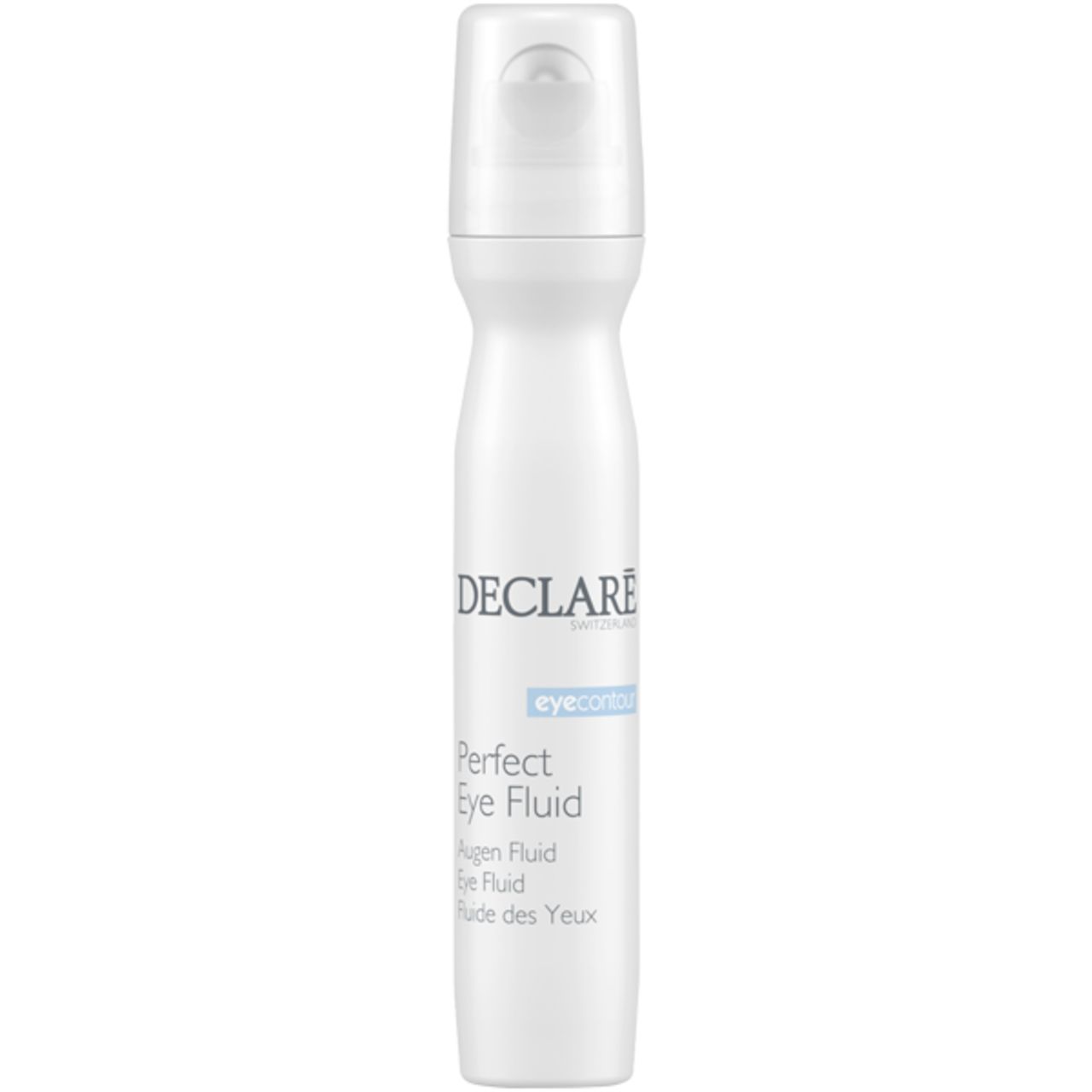 Flacon blanc avec applicateur roll-on. Inscription : DECLARE, Perfect Eye Fluid, Fluide des Yeux.