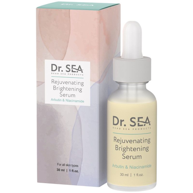 Flacon de sérum et emballage. Inscription : Dr. SEA, Rejuvenating Brightening Serum, Arbutin & Niacinamide.