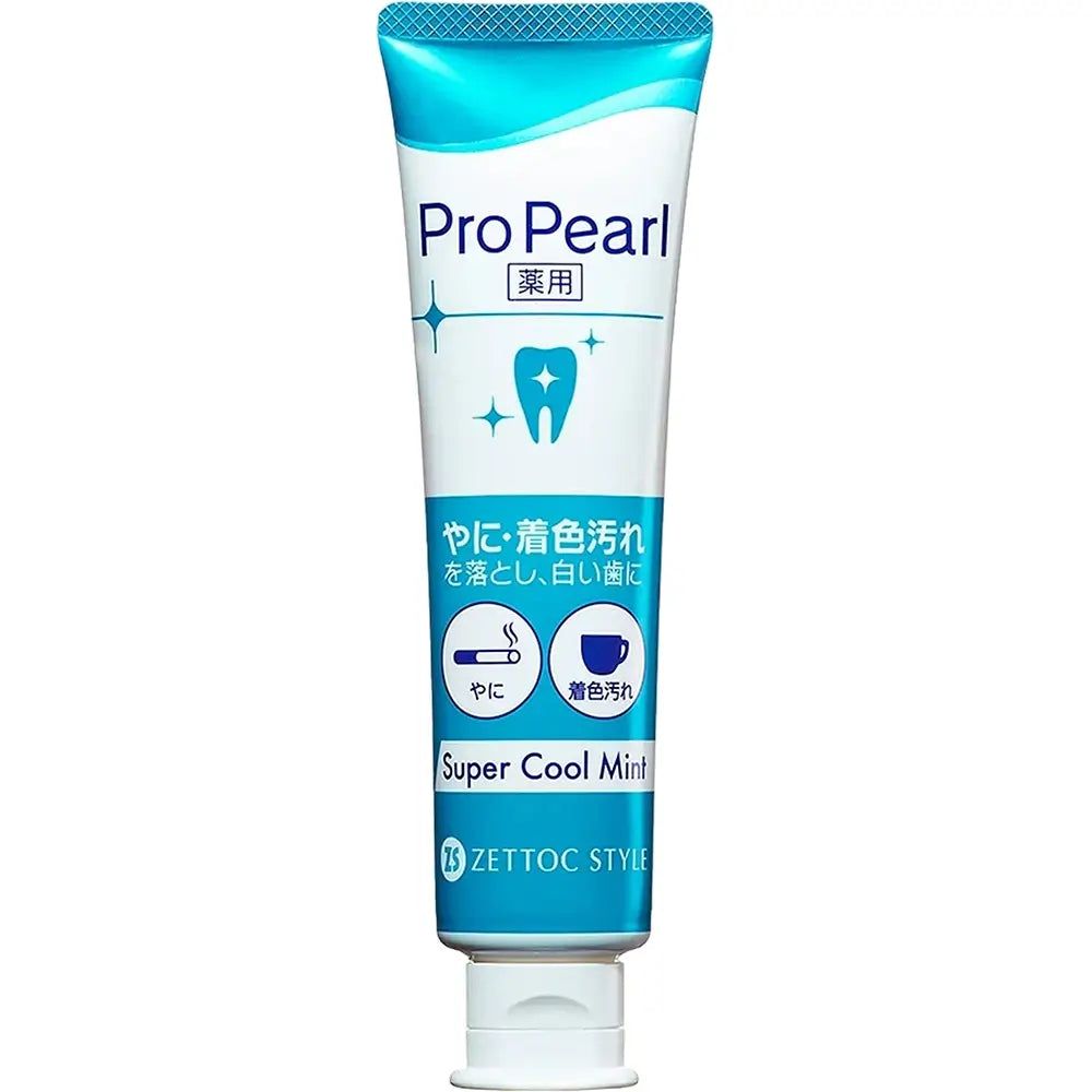 Tube de dentifrice ProPearl Super Cool Mint. Design blanc et bleu, nom du produit et symbole de dent. Texte en japonais.