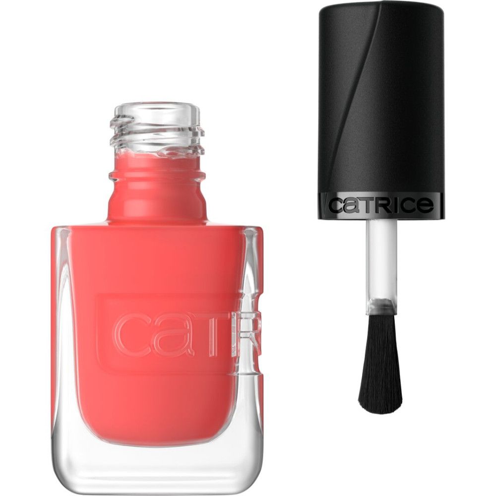 Transparante glazen fles met koraalkleurige nagellak en zwarte dop met kwastje.