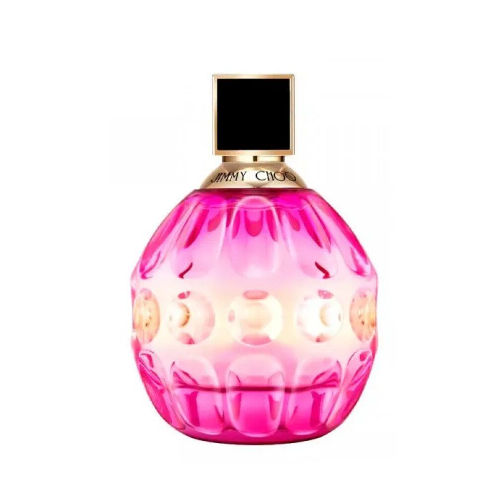 Roze Jimmy Choo Rose Passion fles. Rond, roze, met zwarte dop. Gouden belettering. Heldere achtergrond.