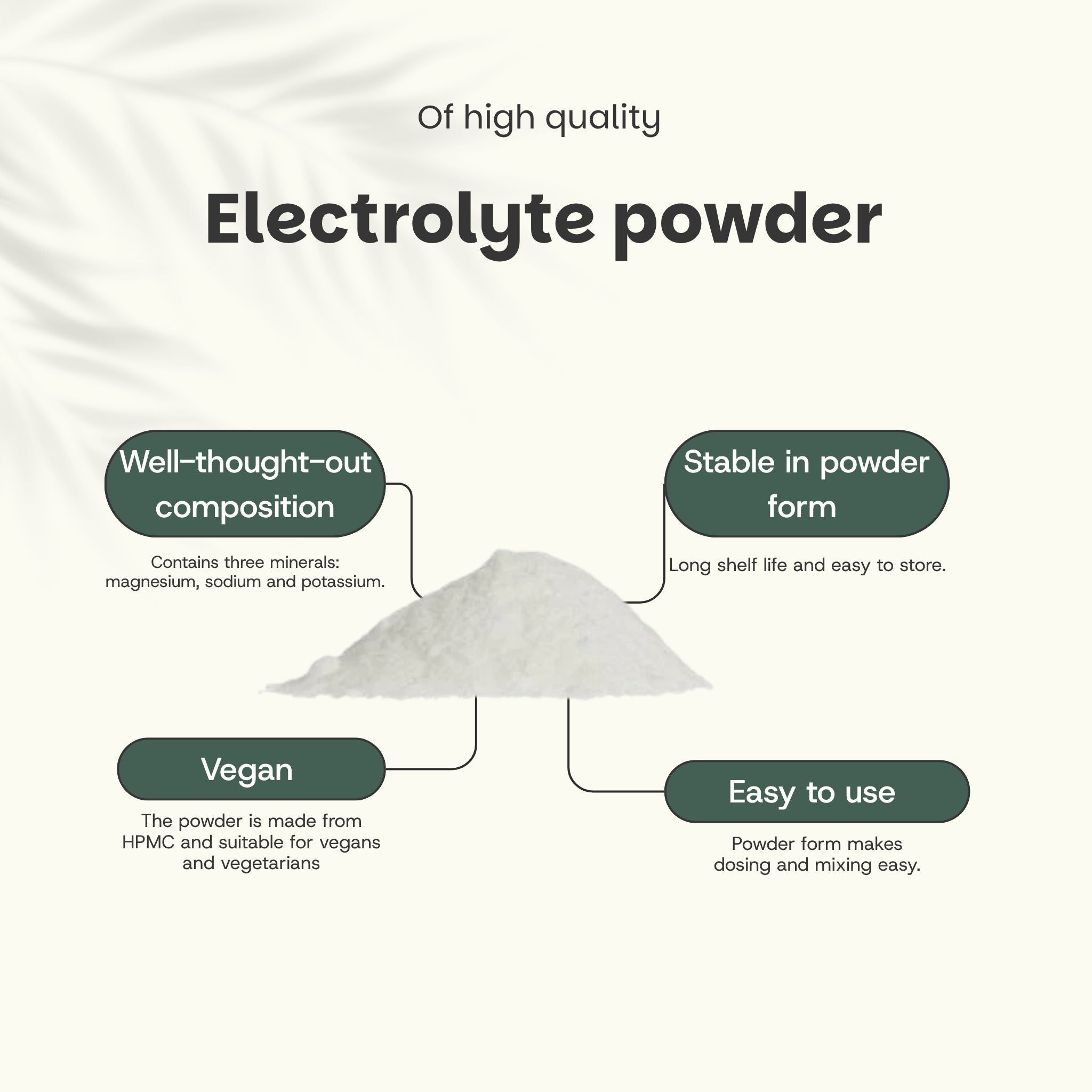 Tas de poudre d'électrolytes. Texte : Well-thought-out composition, Stable in powder form, Vegan, Easy to use. Contient du magnésium, du sodium et du potassium.