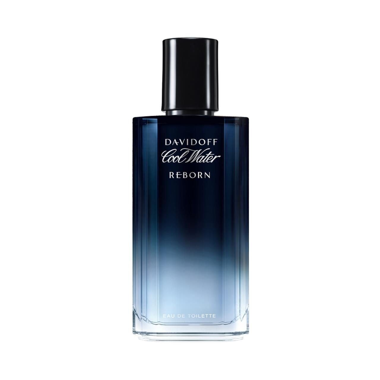 Davidoff Cool Water Reborn fles. Rechthoekige vorm, blauw-gekleurd glas. Zwarte dop. Opschrift: Cool Water Reborn.