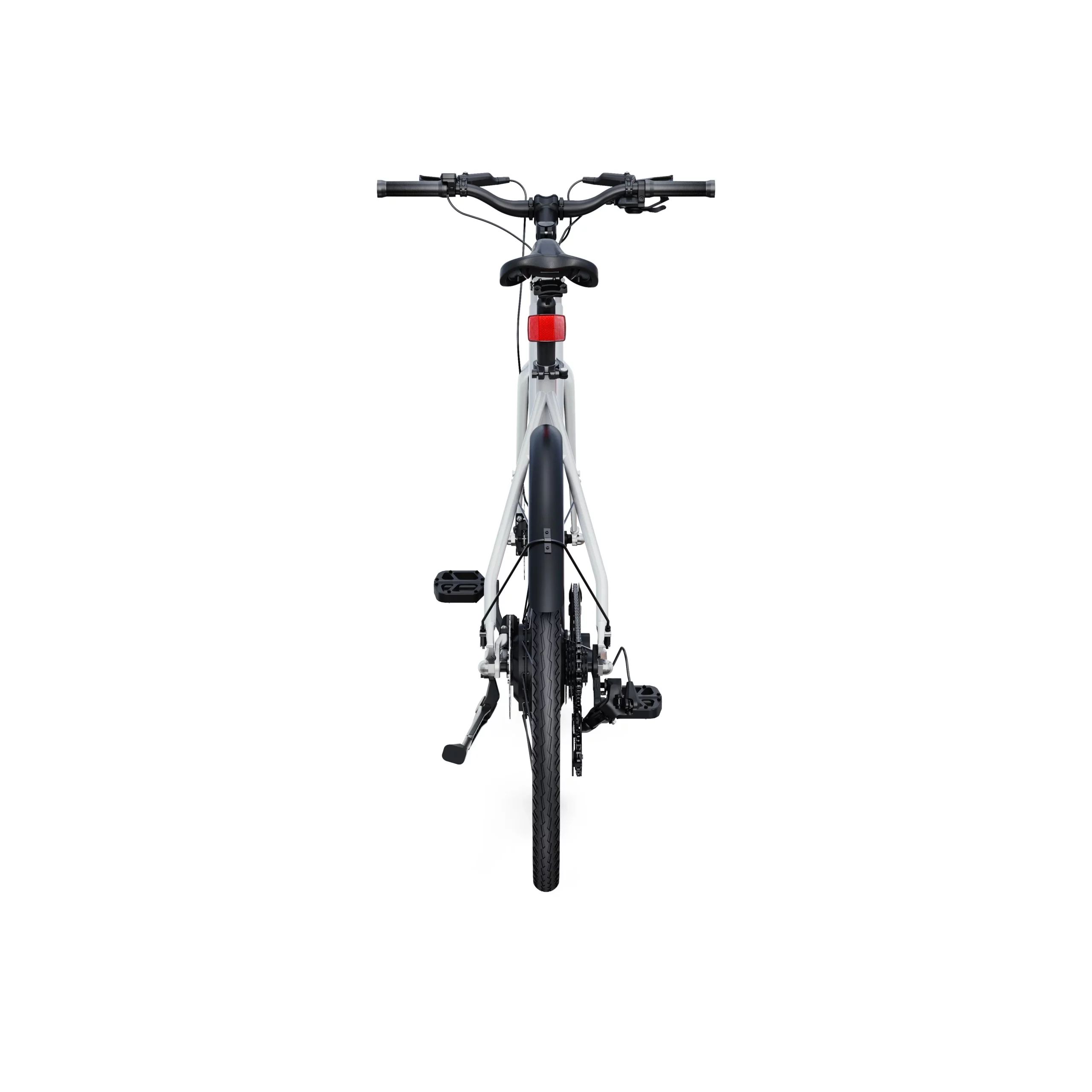 Grijs elektrische fiets, achteraanzicht. Zwarte banden, pedalen, zadel en stuur. Rood achterlicht.