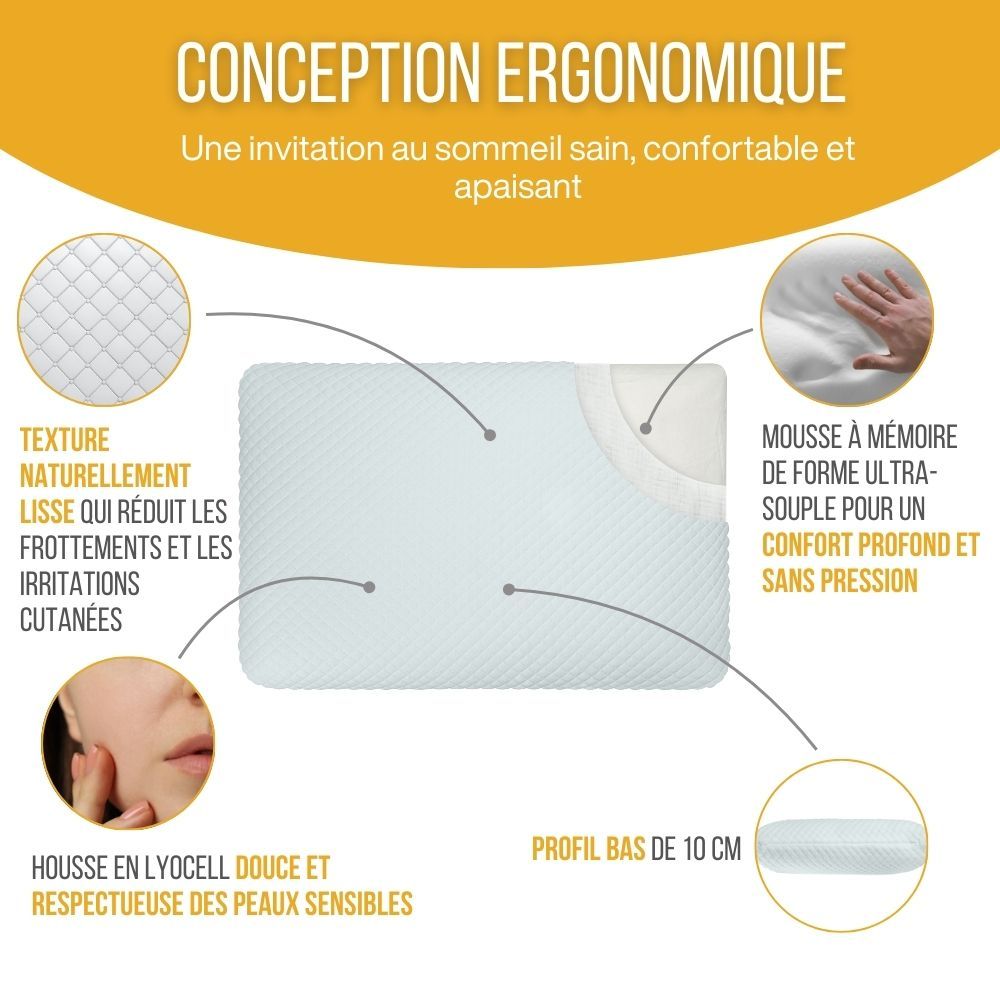 Oreiller ergonomique. Texture, réduit les frottements. Housse en lyocell pour peaux sensibles. Profil 10 cm.