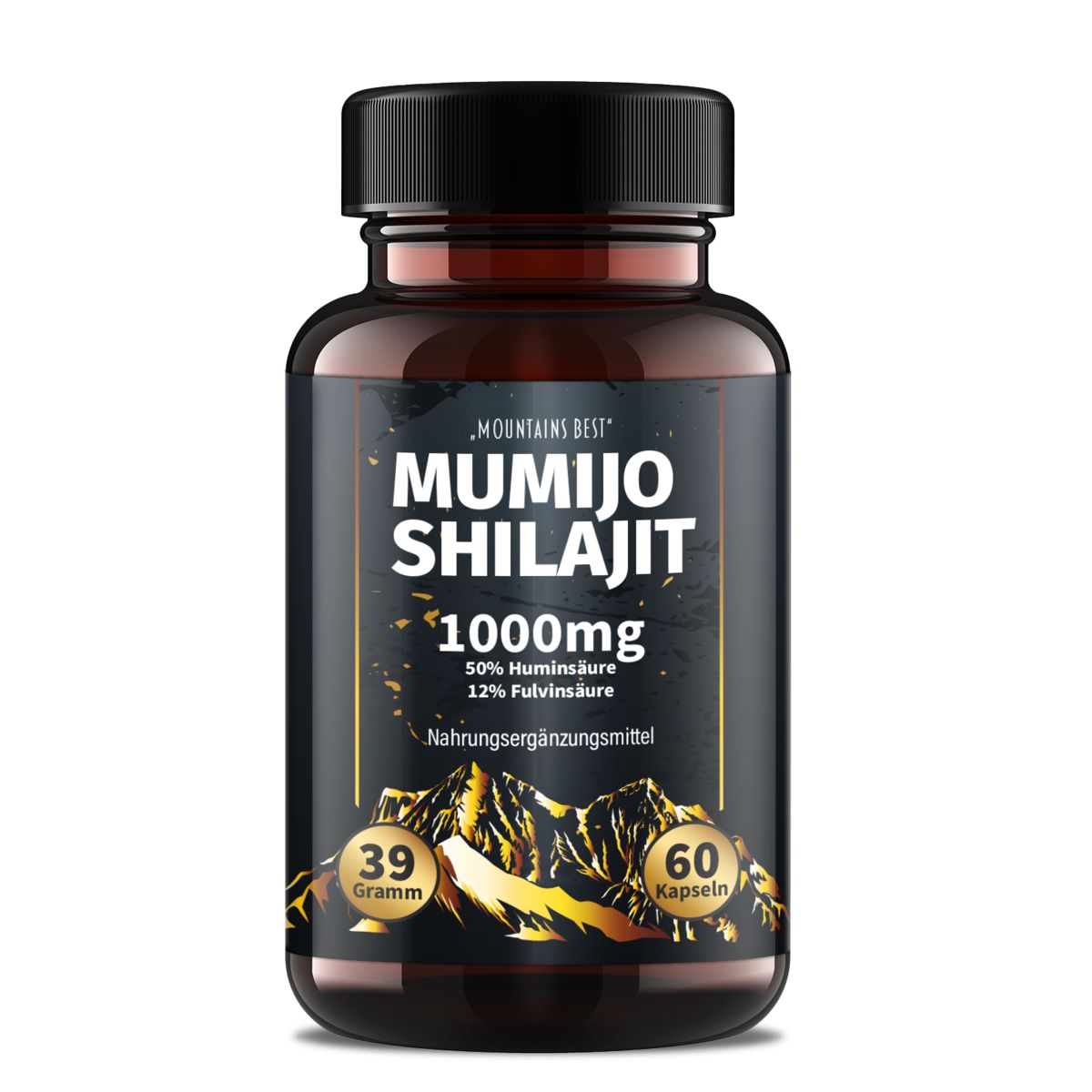 Flacon brun avec bouchon noir. Inscription : Mumijo Shilajit 1000mg, 60 gélules. Graphique de montagnes.