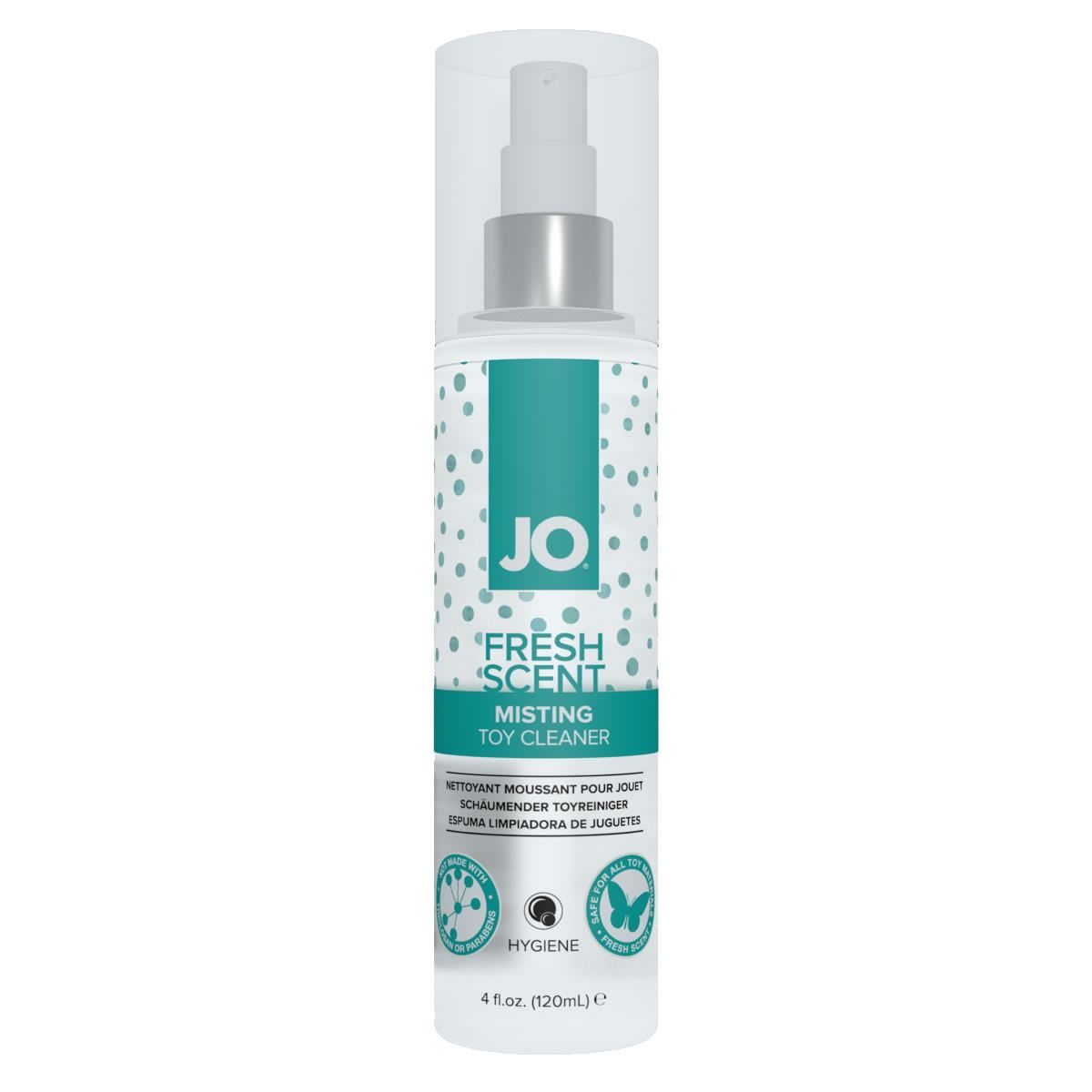Flacon cylindrique avec vaporisateur. Inscriptions: JO, FRESH SCENT, MISTING TOY CLEANER. Points turquoise et blancs. 4 fl. oz. (120ml).