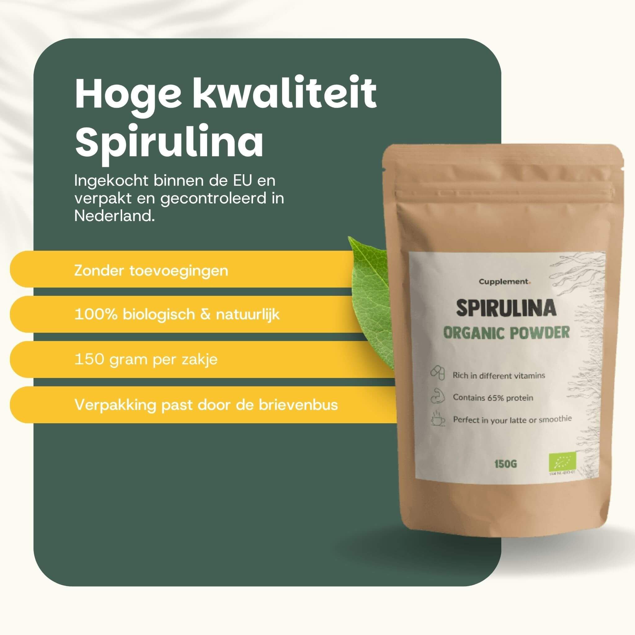 Zak Cupplement Spirulina BIO. Bruine verpakking met wit etiket. 150g. Zonder toevoegingen, 100% biologisch.