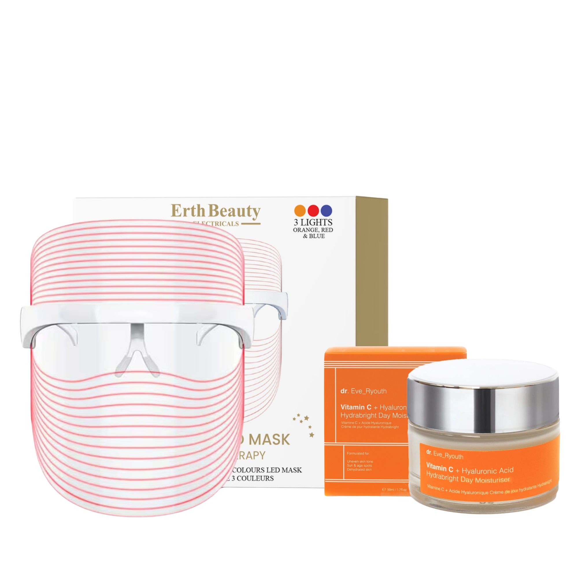 Dr Eve Ryouth Masque LED Sans Fil 3 Couleurs avec Vitamine C Crème de Jour Hydrabright