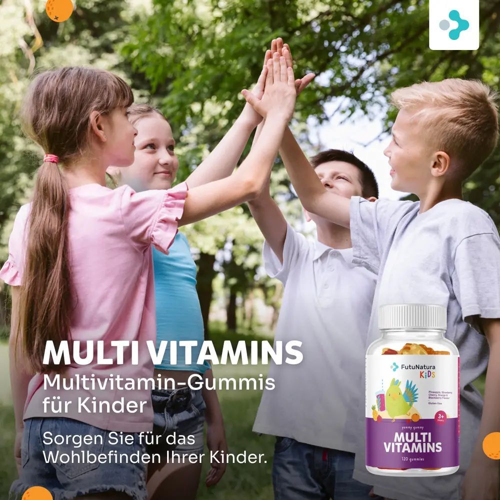 FutuNatura Kids Multi Vitamins en bouteille. Enfants se tapant dans les mains. Texte: Multi Vitamins, Gummies multivitamines pour enfants.