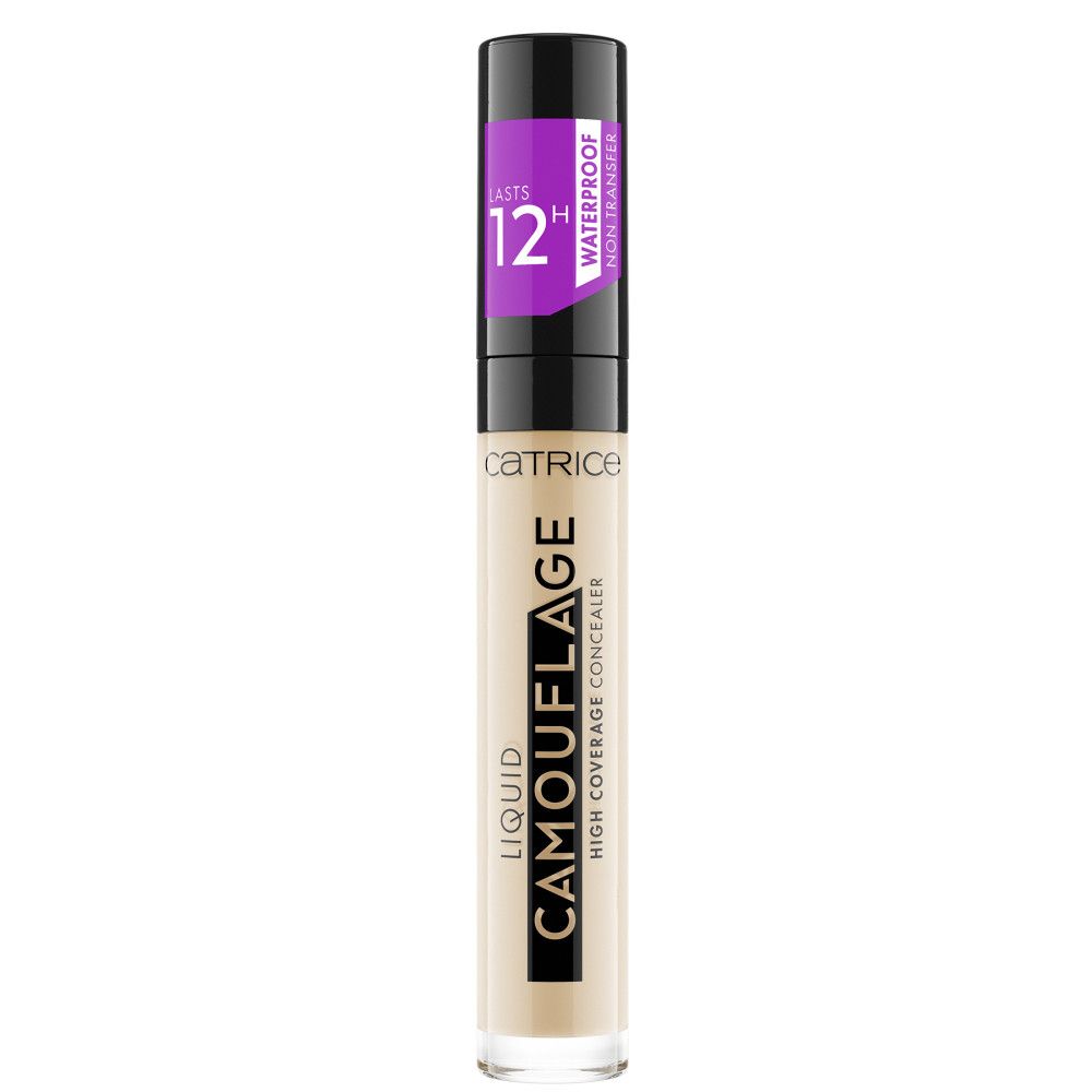 Correcteur liquide en tube transparent avec bouchon noir. Inscription: CAMOUFLAGE, LIQUID, HIGH COVERAGE CONCEALER. Autocollant violet.