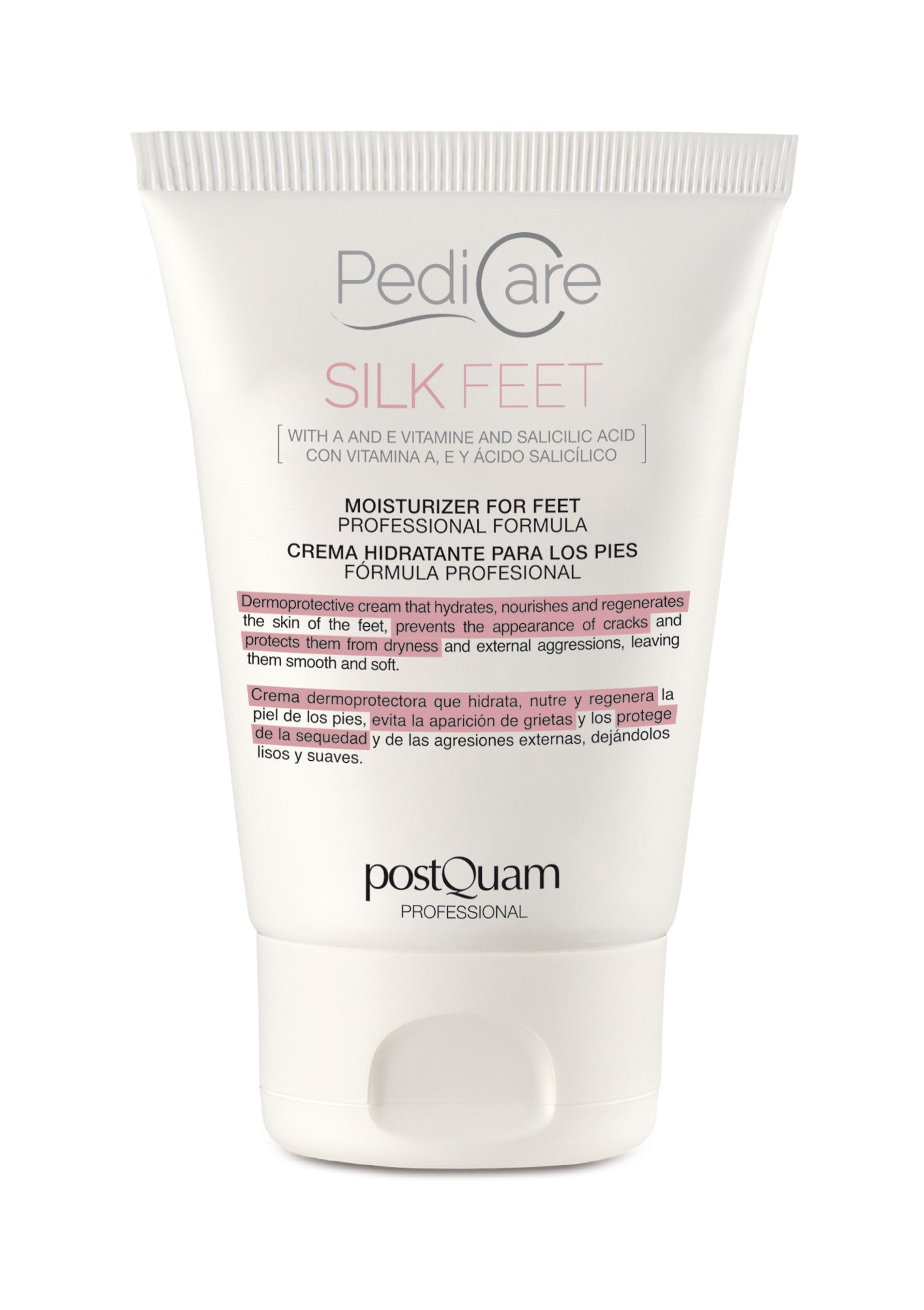 Tube blanc 'PediCare Silk Feet'. Texte anglais et espagnol. Logo 'Postquam' en bas.