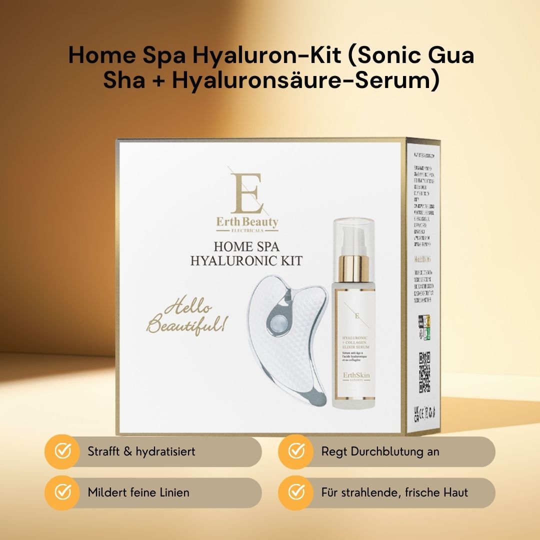 Set ErthSkin London Hyaluron. Emballage avec sérum et Gua Sha. Texte: Home Spa Hyaluron-Kit. Inscription: Hello Beautiful!