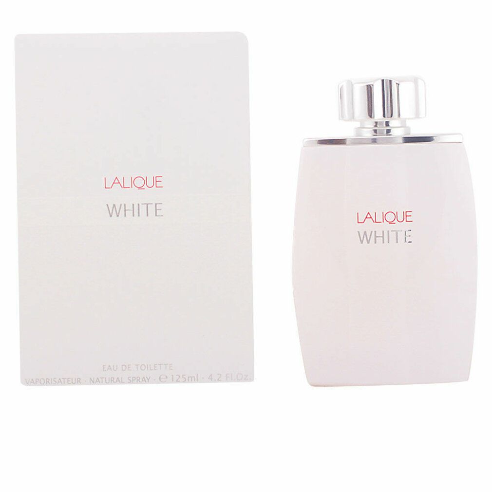 Flacon et boîte blancs. Inscription: Lalique White. Flacon avec bouchon argenté. Boîte à côté.