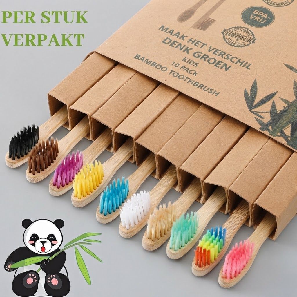 Tien bamboe tandenborstels voor kinderen, per stuk verpakt, met gekleurde borstels.