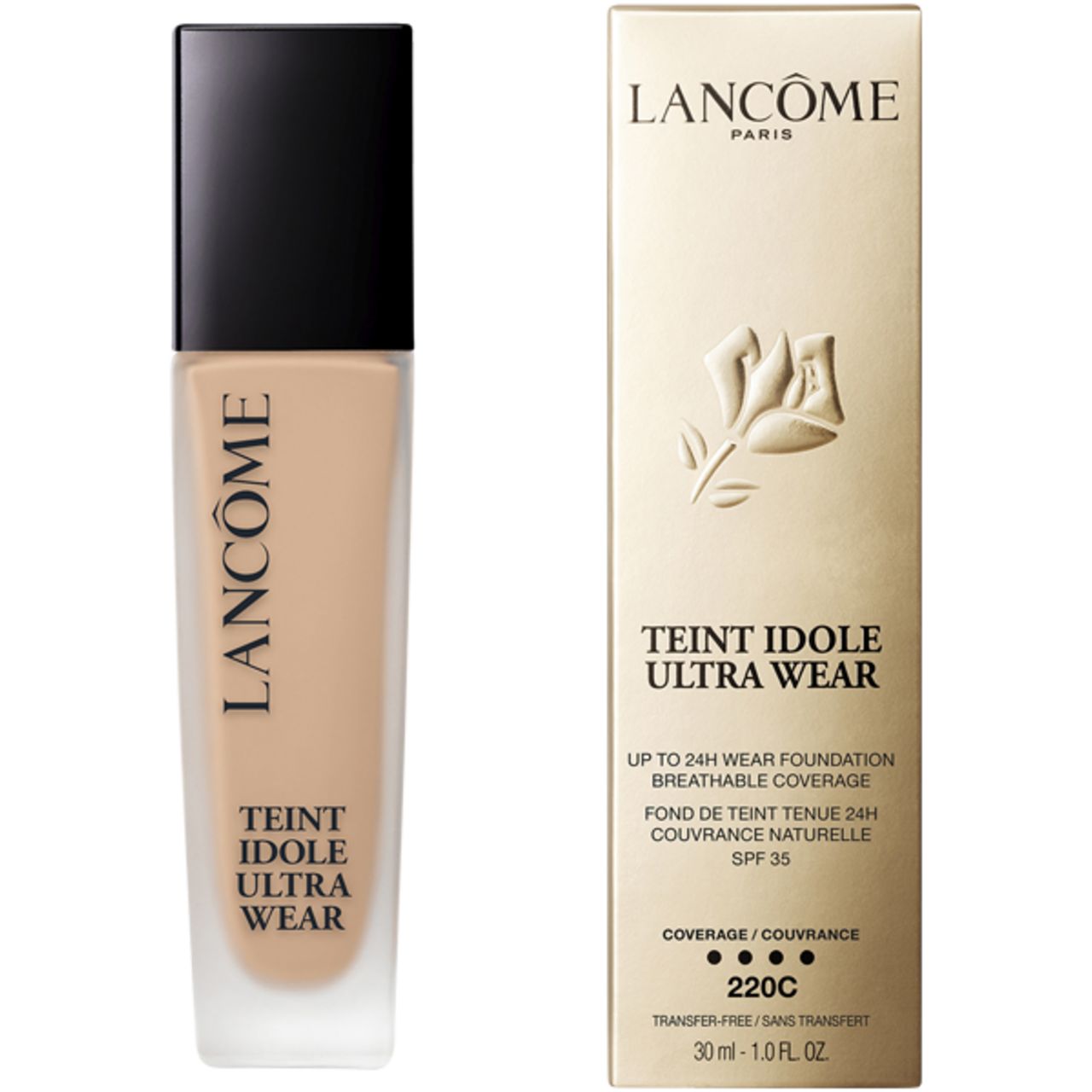 Lancôme Teint Idole Ultra Wear foundation in fles en verpakking. Met SPF 35, kleur 220C.