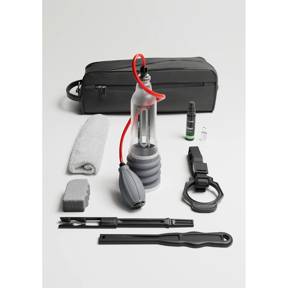 Ensemble Bathmate HydroXtreme8 Clear avec sac, tissu et accessoires.