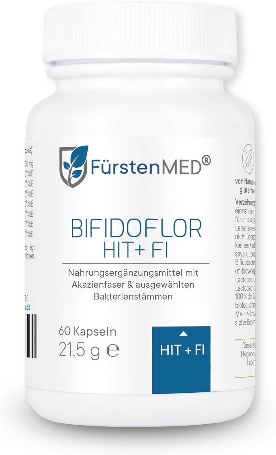 Witte fles met capsules. Tekst: Bifidoflor HIT+FI. Voedingssupplement met acaciavezel & geselecteerde bacteriestammen. 60 capsules, 21,5 g. Logo FürstenMED®.