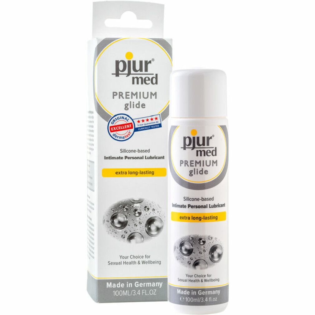 pjur med Premium Glide. Witte tube en verpakking. Opschrift: SILICONE-BASED PERSONAL LUBRICANT. Extra long-lasting. 100ml/3.4 FL.OZ.