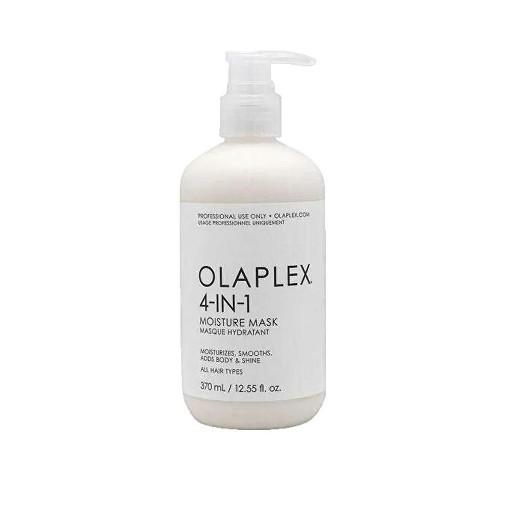 Witte fles met pomp. Opschrift: OLAPLEX 4-IN-1 MOISTURE MASK. Tekst in het Engels en Frans. Inhoud: 370 ml.