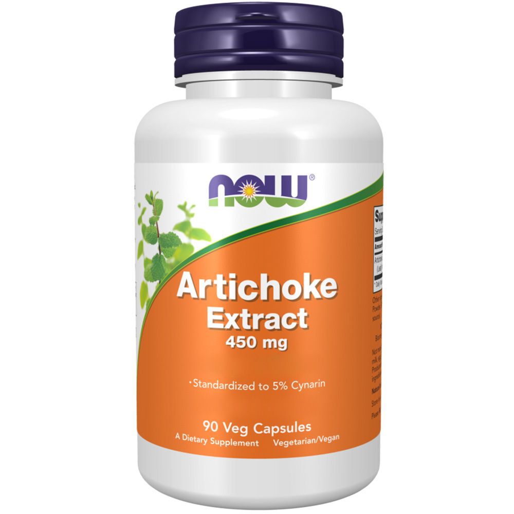 Witte fles met blauwe dop. Oranje etiket met groene accenten. Opschrift: Artisjokextract 450 mg, 90 veg. capsules. Merk: NOW.