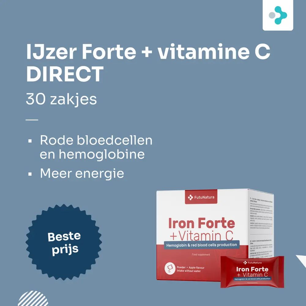 FutuNatura IJzer Forte + Vitamine C verpakking en tekst. Blauwe achtergrondkleur.