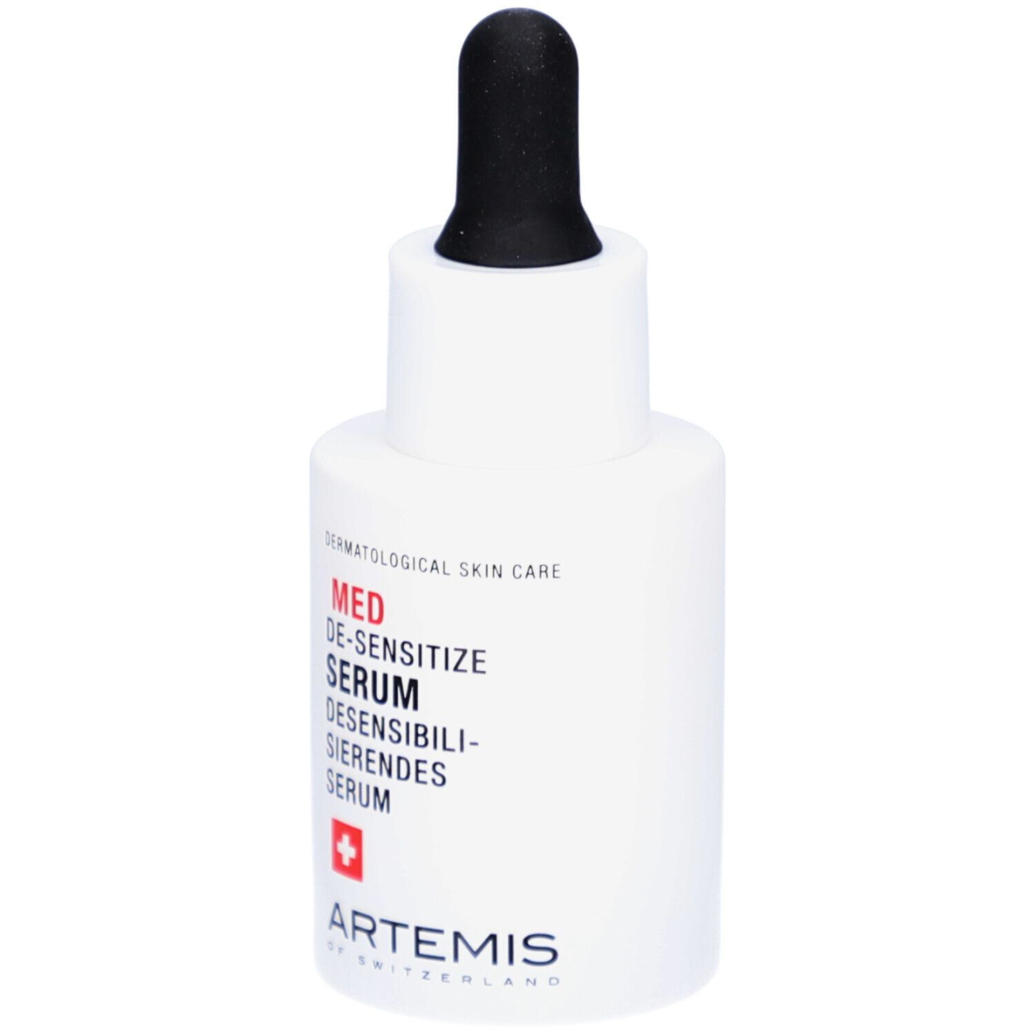 Flacon blanc avec pipette noire. Inscription: MED DE-SENSITIZE SERUM. Croix rouge et ARTEMIS.