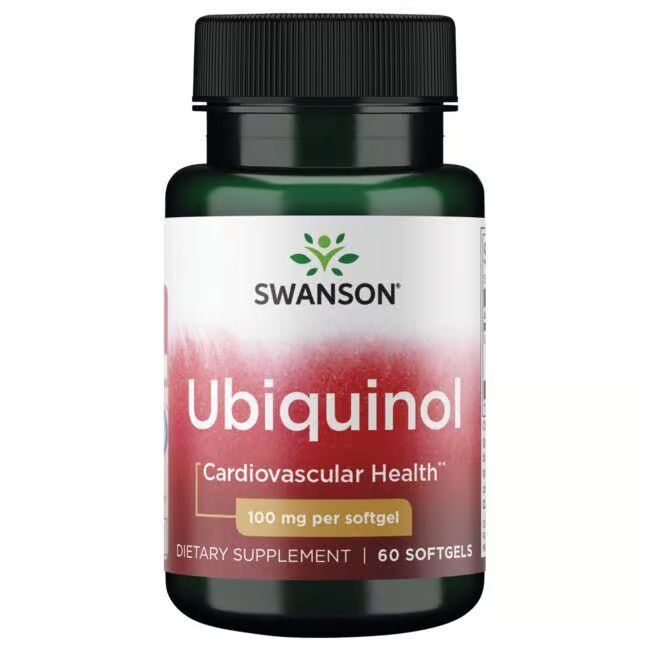 Bouteille verte de Swanson Ubiquinol 100 mg Softgels. Contient 60 softgels.