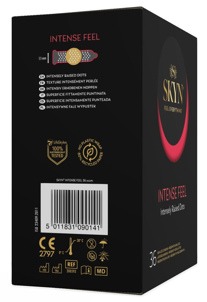 Boîte noire SKYN INTENSE FEEL, 36 unités. Logo et mentions en plusieurs langues. Certifications et informations de recyclage.