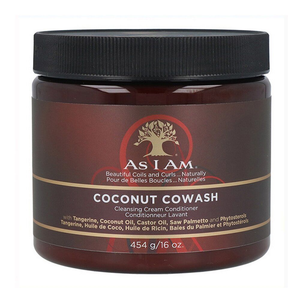 Bruine pot met zwarte deksel. Opschrift: As I Am Coconut CoWash Cleansing Conditioner. 454 g/16 oz.