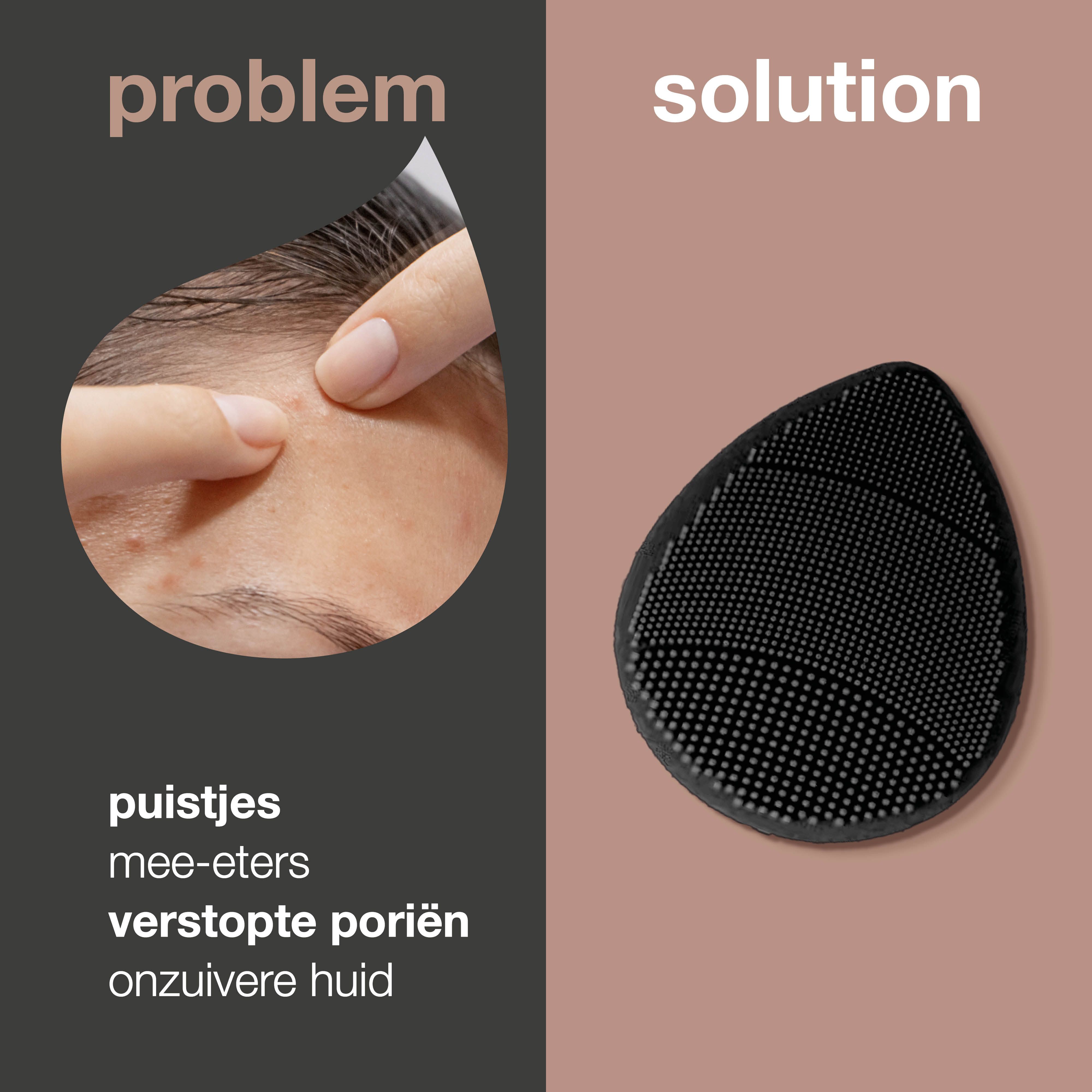 Probleem en oplossing. Zwarte, druppelvormige gezichtsborstel. Tekst: puistjes, mee-eters, verstopte poriën, onzuivere huid.