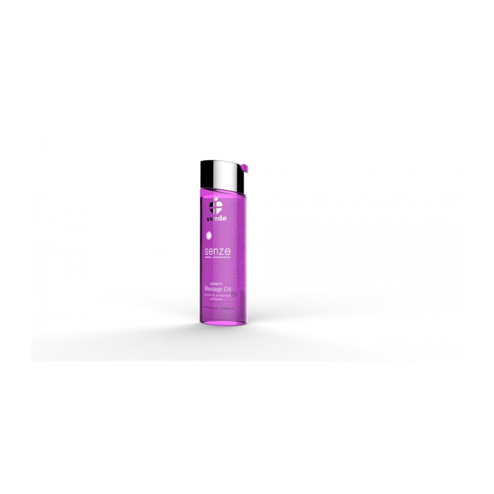Huile de massage Swede Senze Divinity dans une bouteille violette avec bouchon argenté.