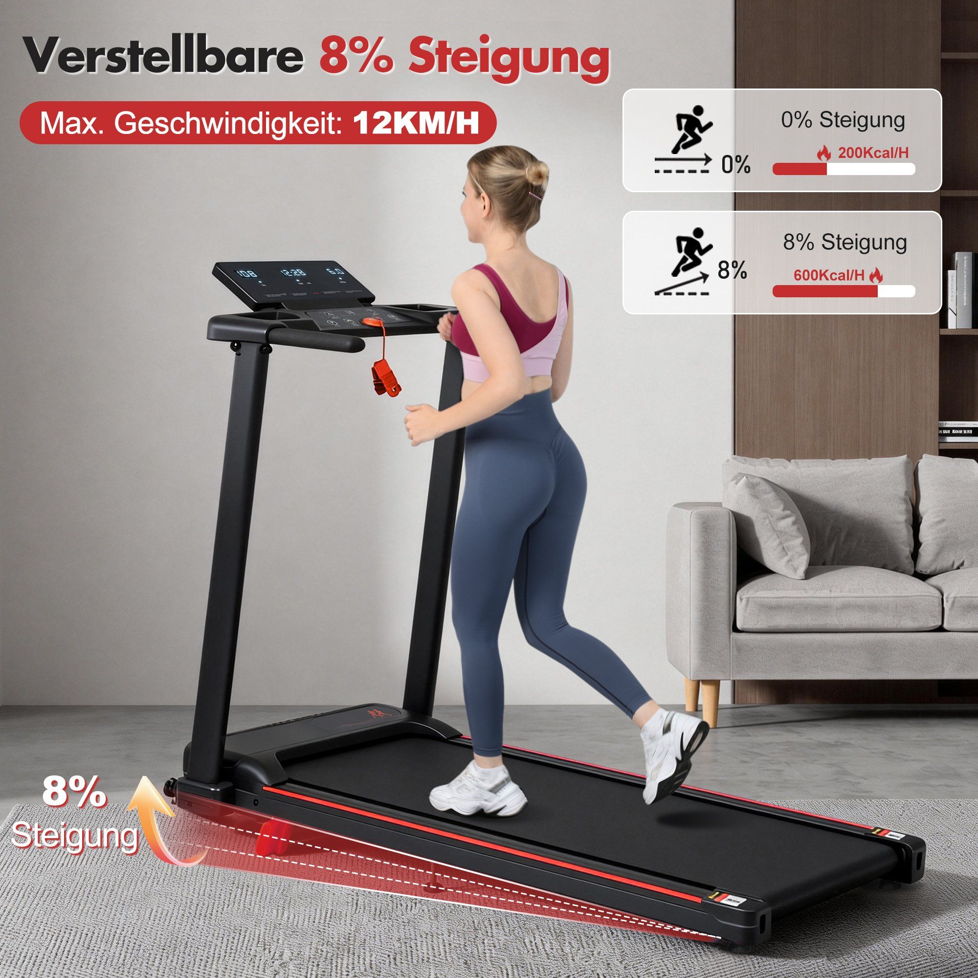 Tapis roulant noir avec 8% d'inclinaison et une vitesse maximale de 12 km/h.