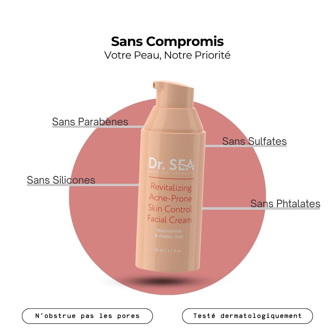 Tube de crème avec texte. Texte : Sans parabènes, sulfates, silicones, phtalates. Inscription : Testé dermatologiquement.