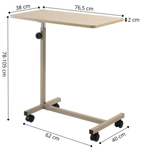 Table de lit avec plateau rectangulaire, réglable en hauteur, sur roulettes. Dimensions : 76,5 x 38 x 2 cm, hauteur 78-105 cm.