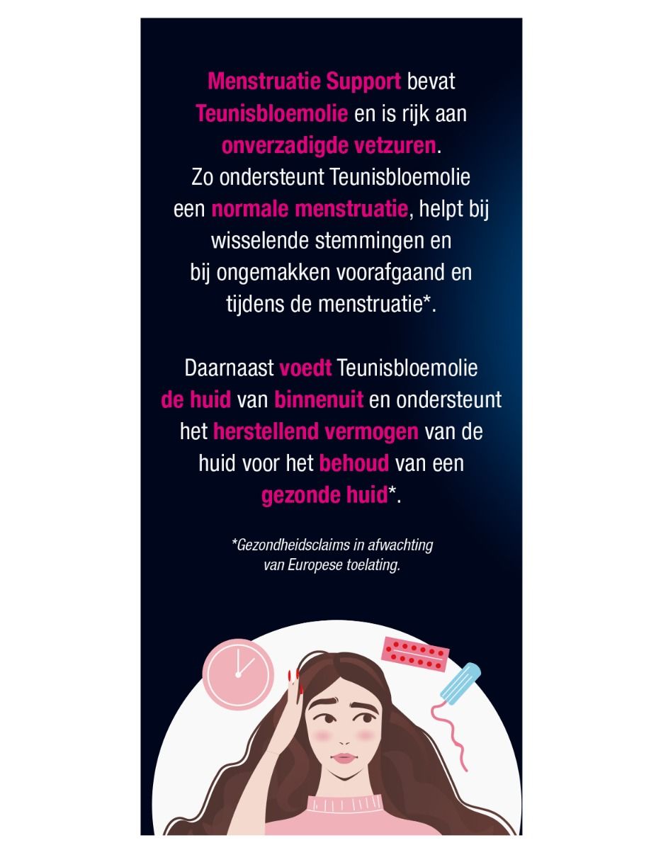 Tekstpagina met informatie over Lucovitaal Menstruatie Support. Beschrijft de voordelen van Teunisbloemolie voor menstruatie en huid.