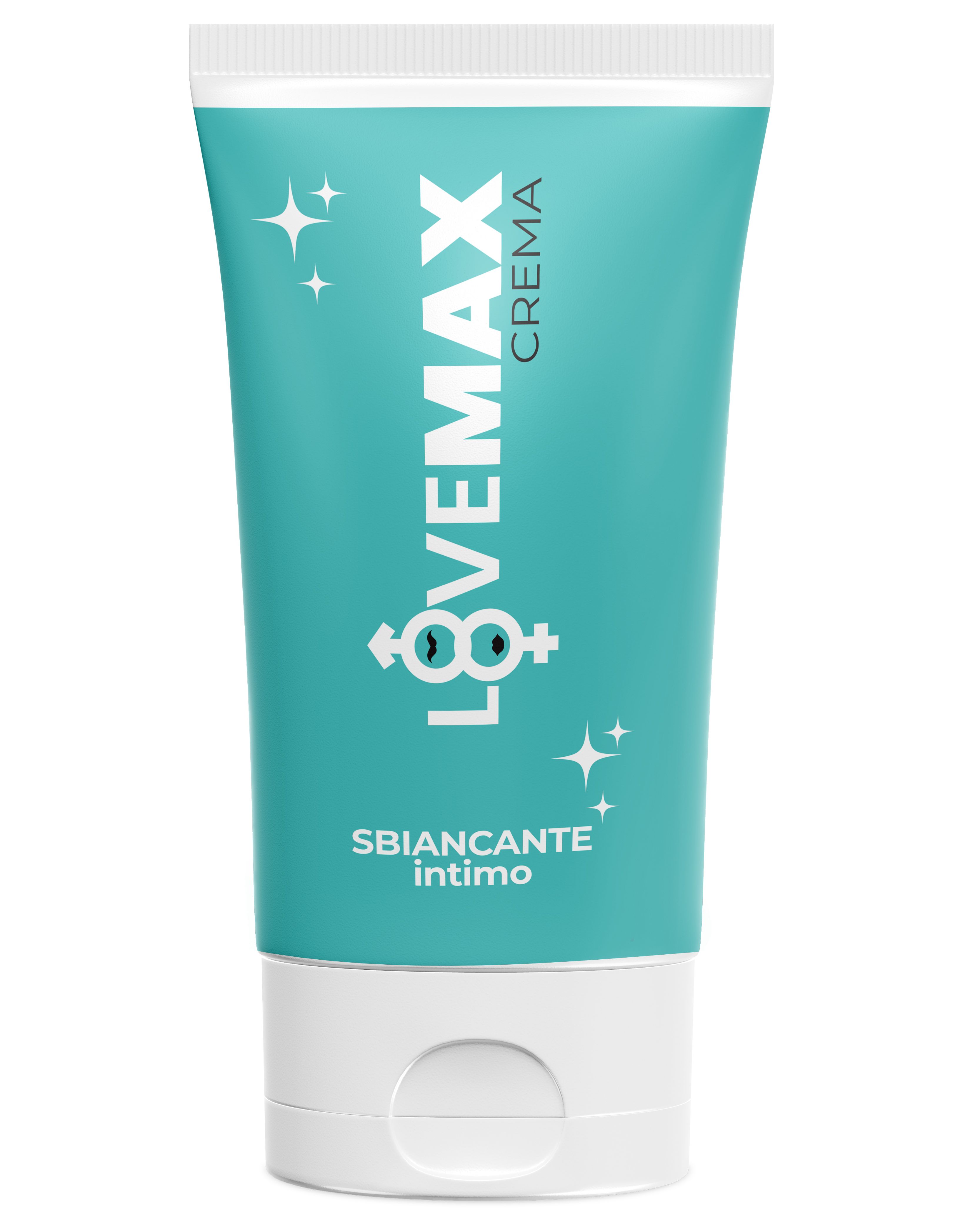 Tube de crème éclaircissante LOVEMAX, turquoise avec bouchon blanc. Motif étoiles.