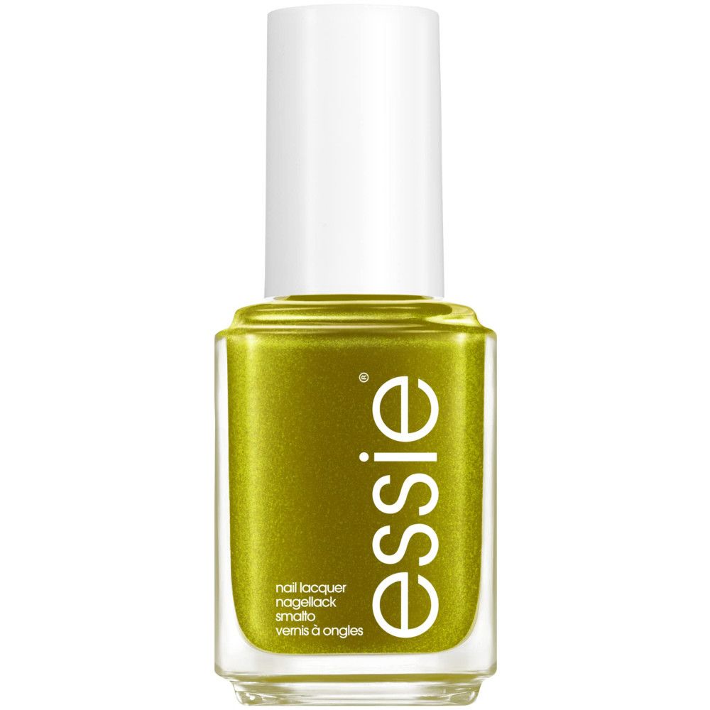 Essie nagellakflesje, goudgeel. Witte dop, transparante glazen fles. Opschrift: Essie, nagellak.