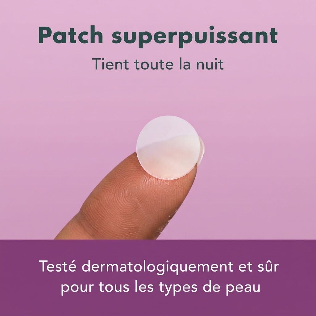 Un patch anti-acné rond et transparent sur un doigt. Texte : Patch superpuissant.