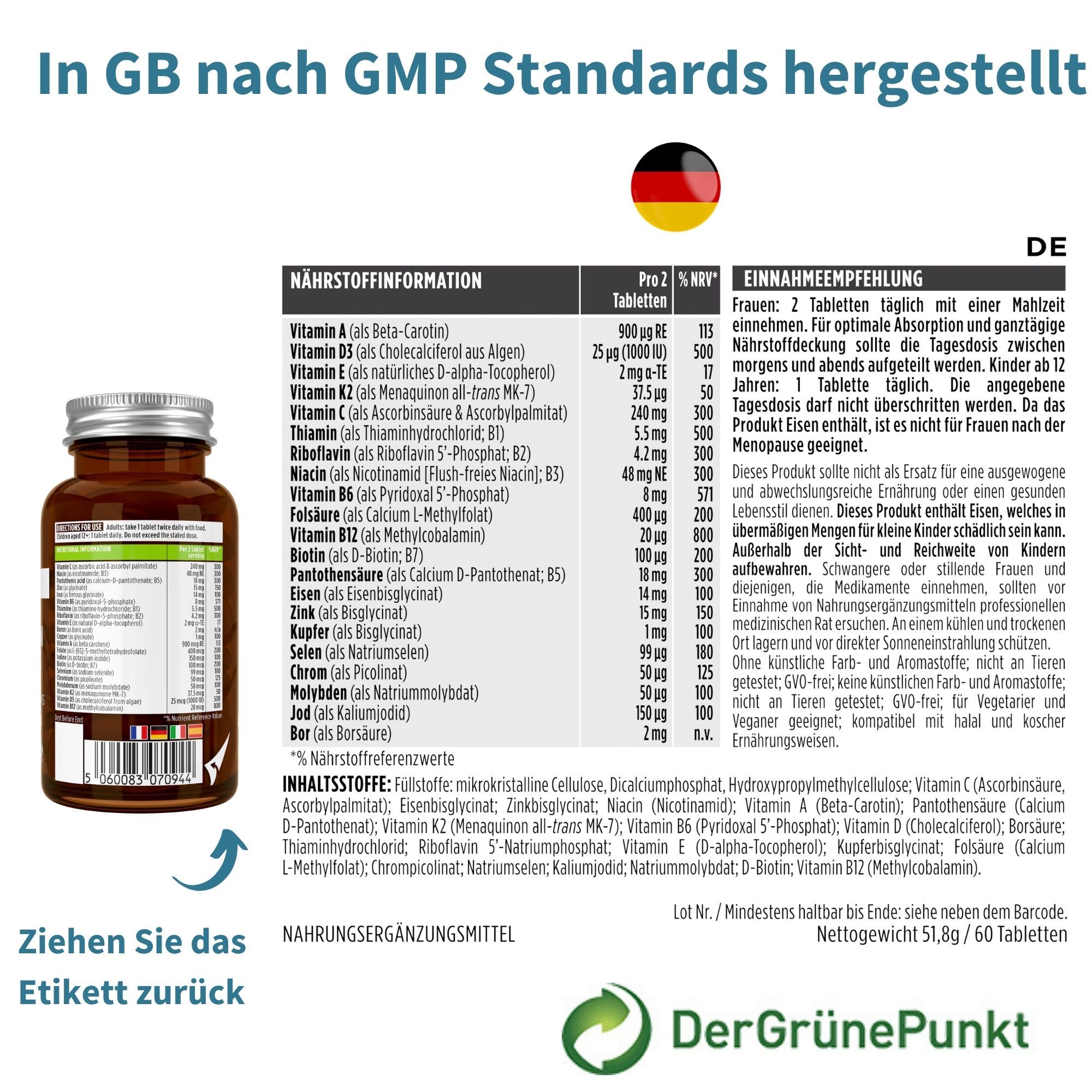 Achterkant van een fles multivitaminen voor vrouwen met voedingsinformatie en productiecertificering.