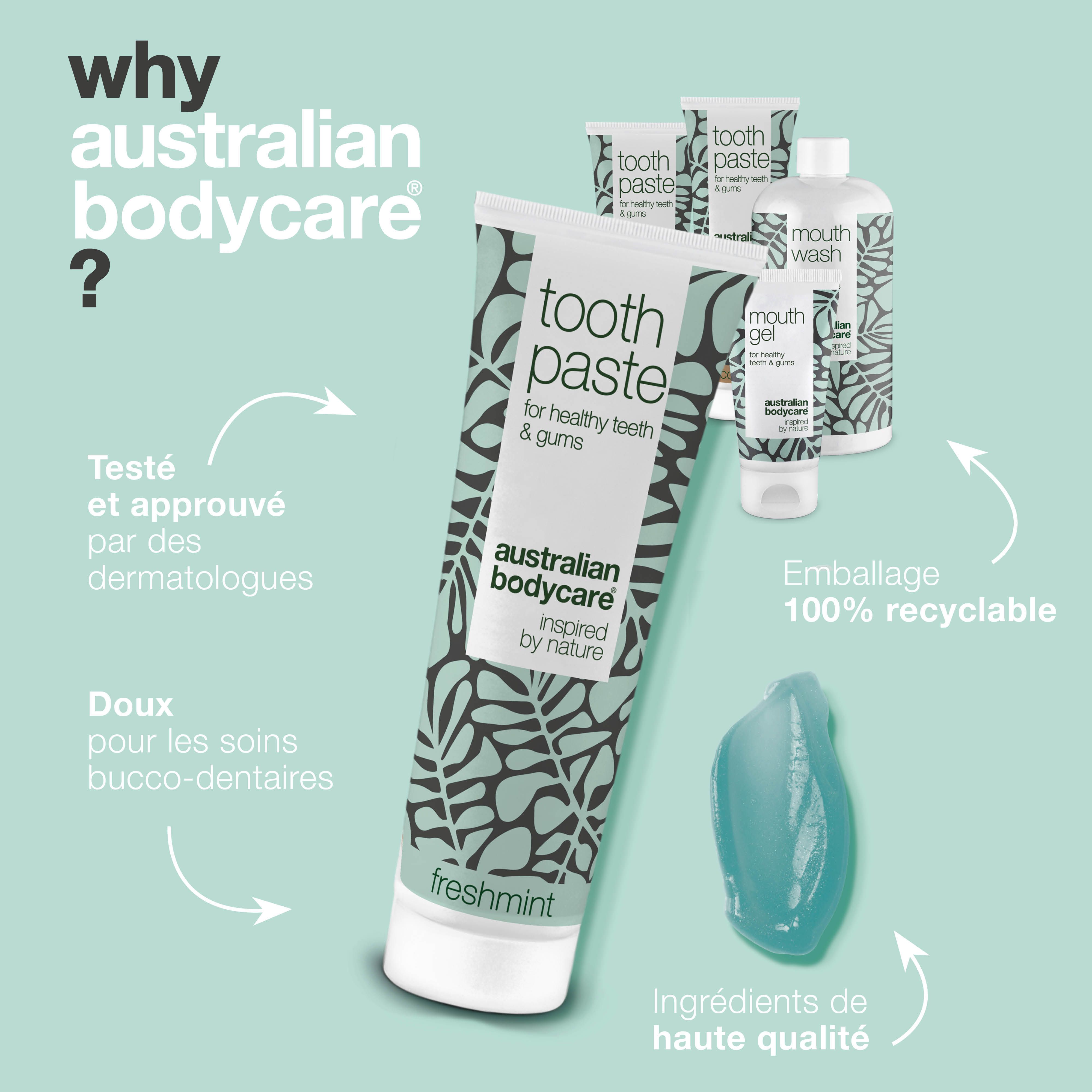 Texte: Australian Bodycare. Dentifrice, bain de bouche, gel buccal. Avantages énumérés.