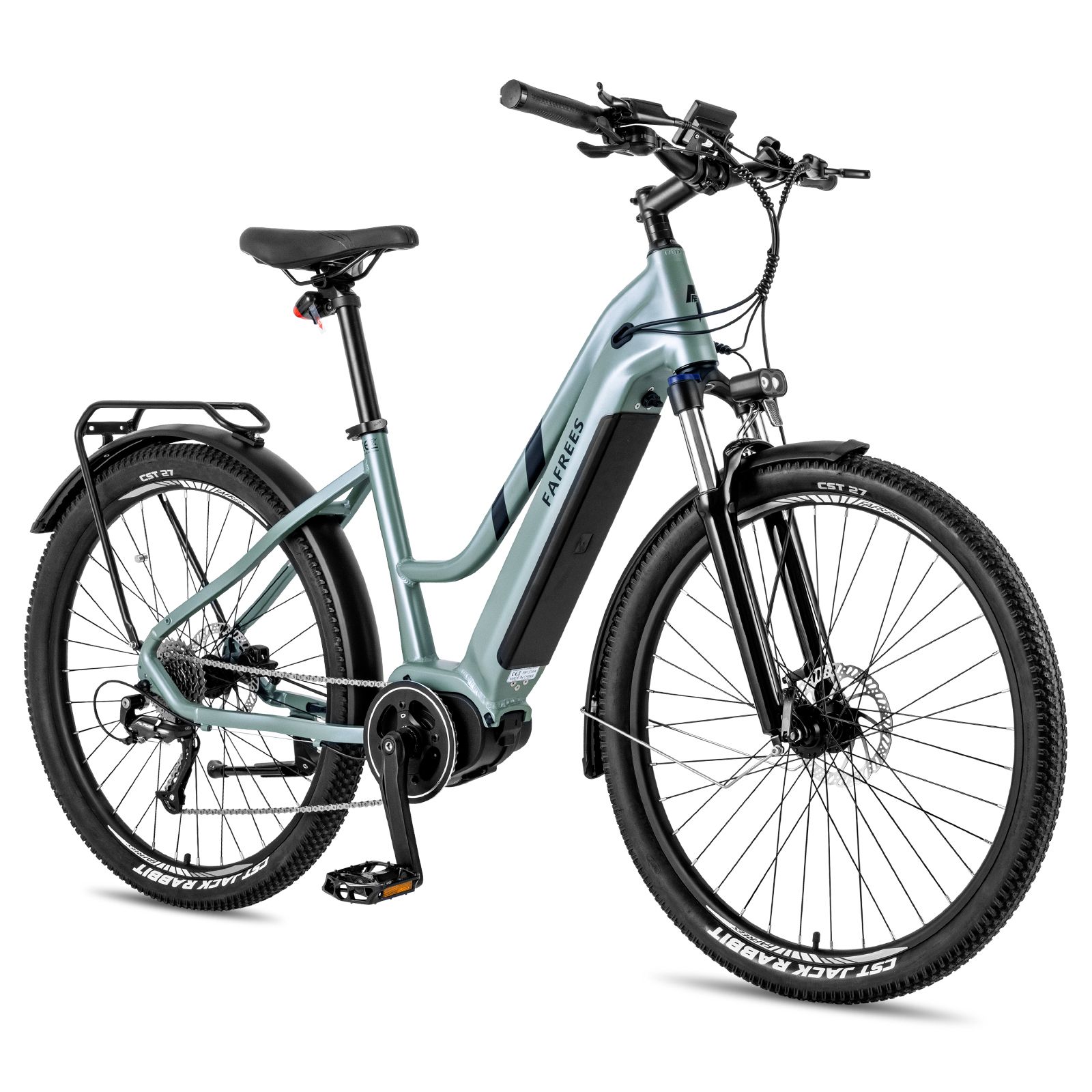 Lichtgroene e-bike met centrale motor. Zwarte banden, spatborden en bagagedrager. Merk FAFREES.