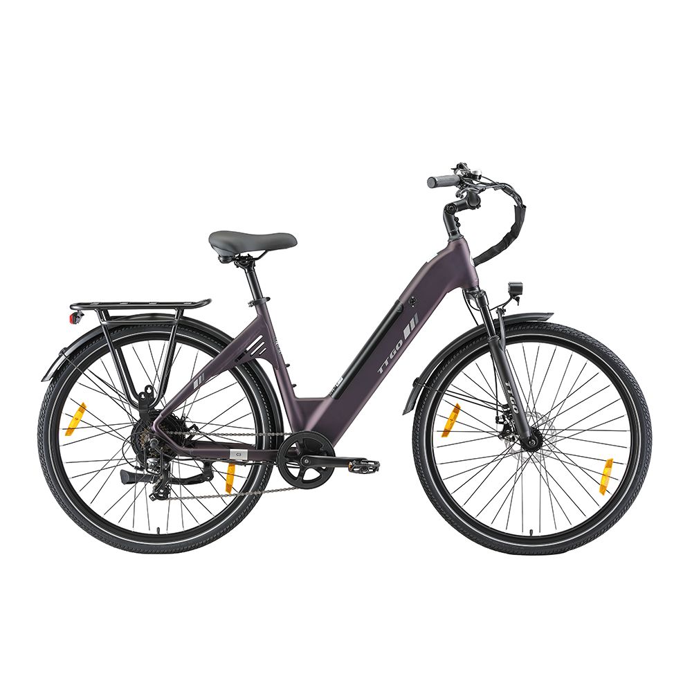 Vélo électrique violet foncé avec porte-bagages, garde-boue et éclairage. Pneus et selle noirs. Logo TTGO.