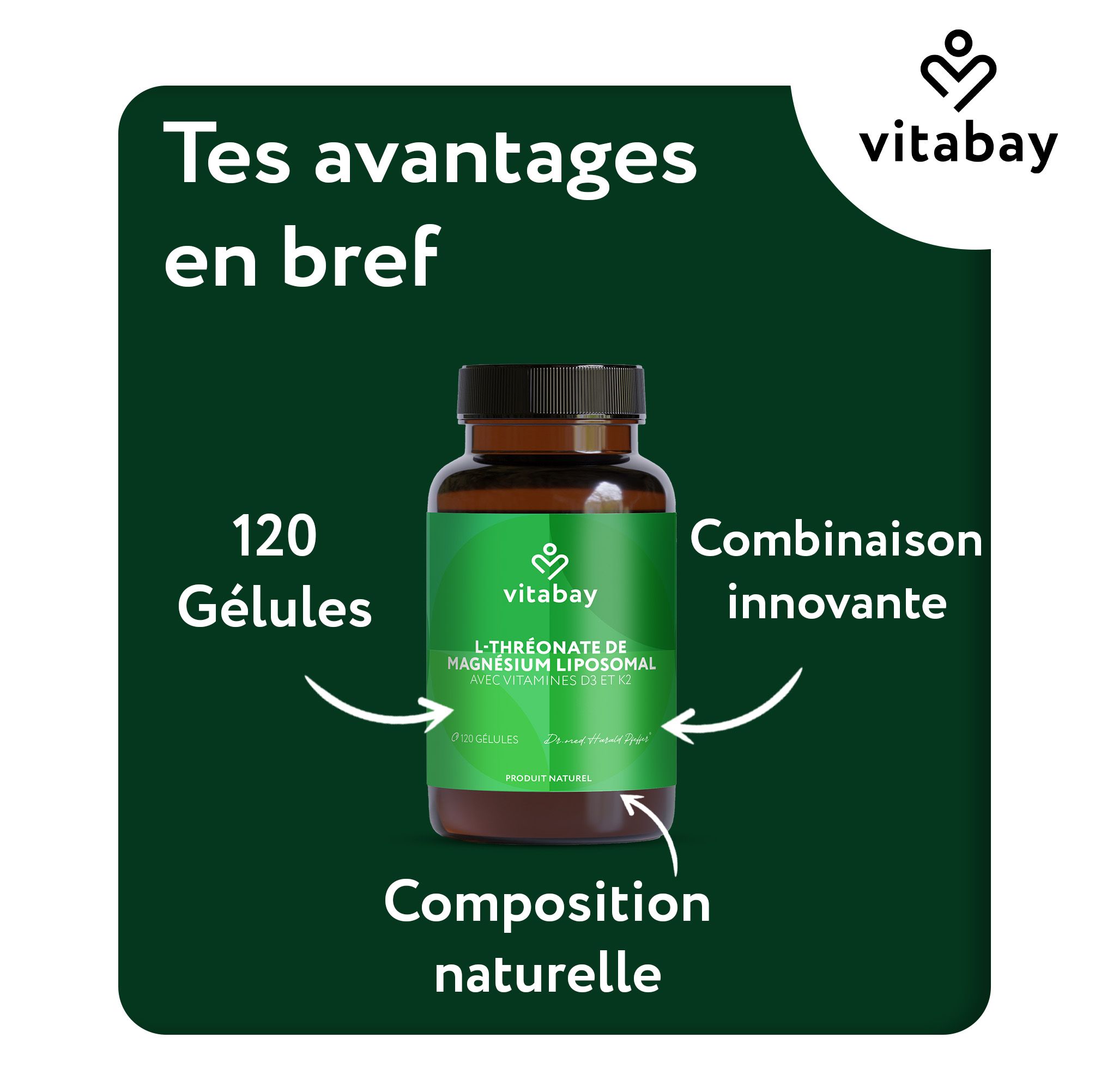 Vitabay Magnésium L-Thréonate Liposomal. 120 Gélules. Avec Vitamines D3 et K2. Conforme norme USP.