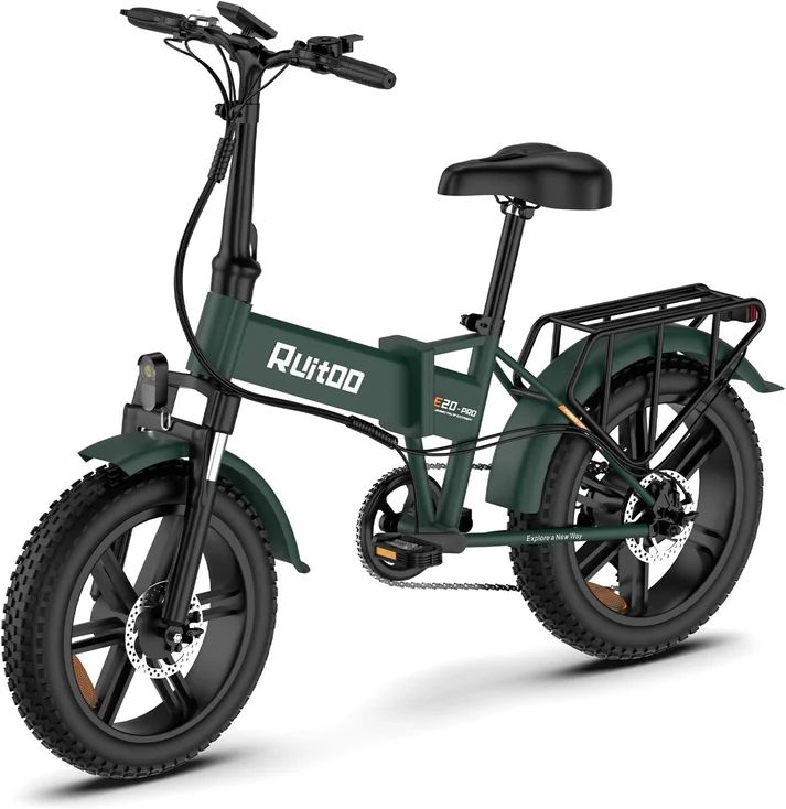 Vélo électrique pliable vert. Porte-bagages, garde-boue, pneus noirs. Inscription Ruitoo, E20-PRO.