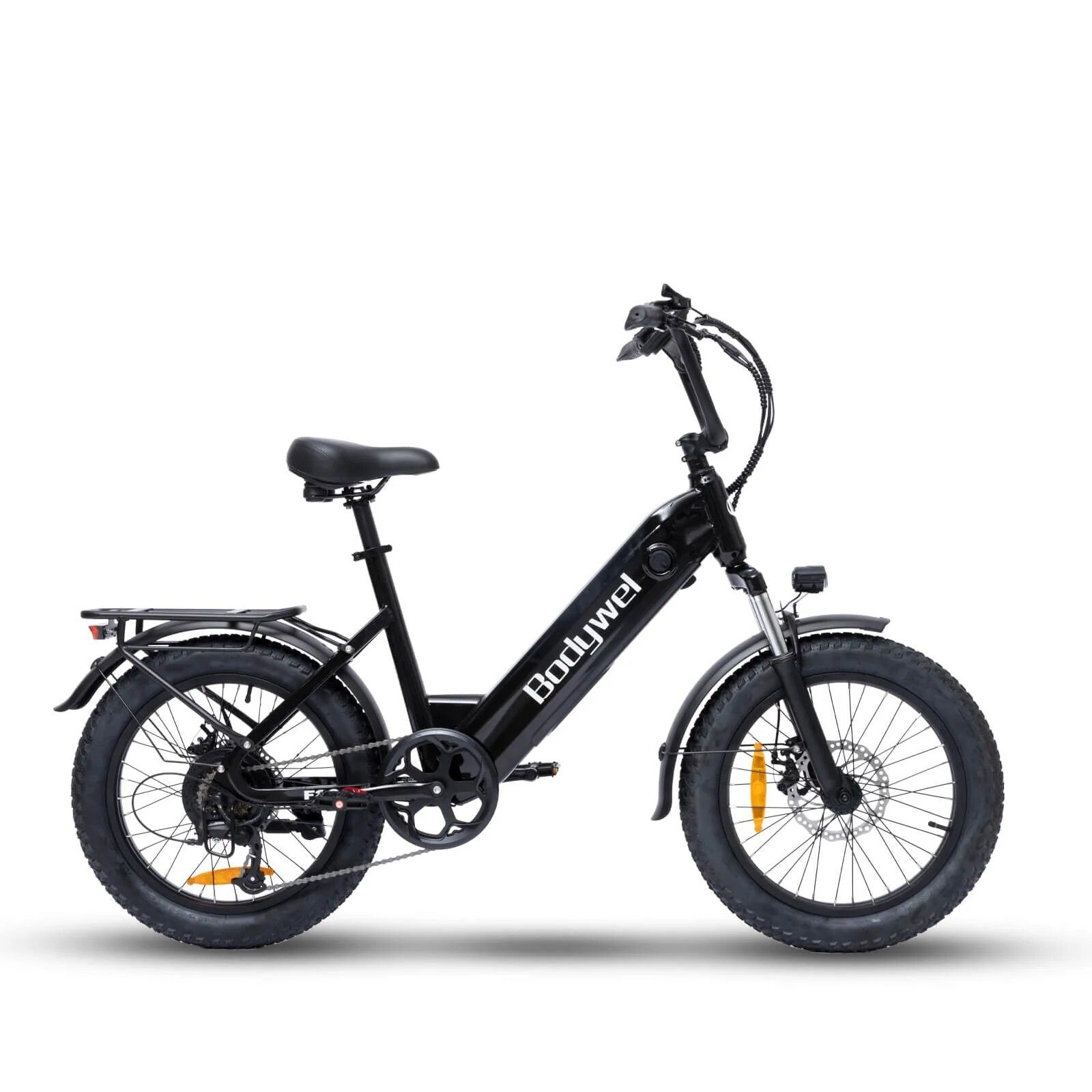Zwarte Bodywel F20PRO elektrische fiets. Brede banden, bagagedrager, spatborden. Merk Bodywel zichtbaar.