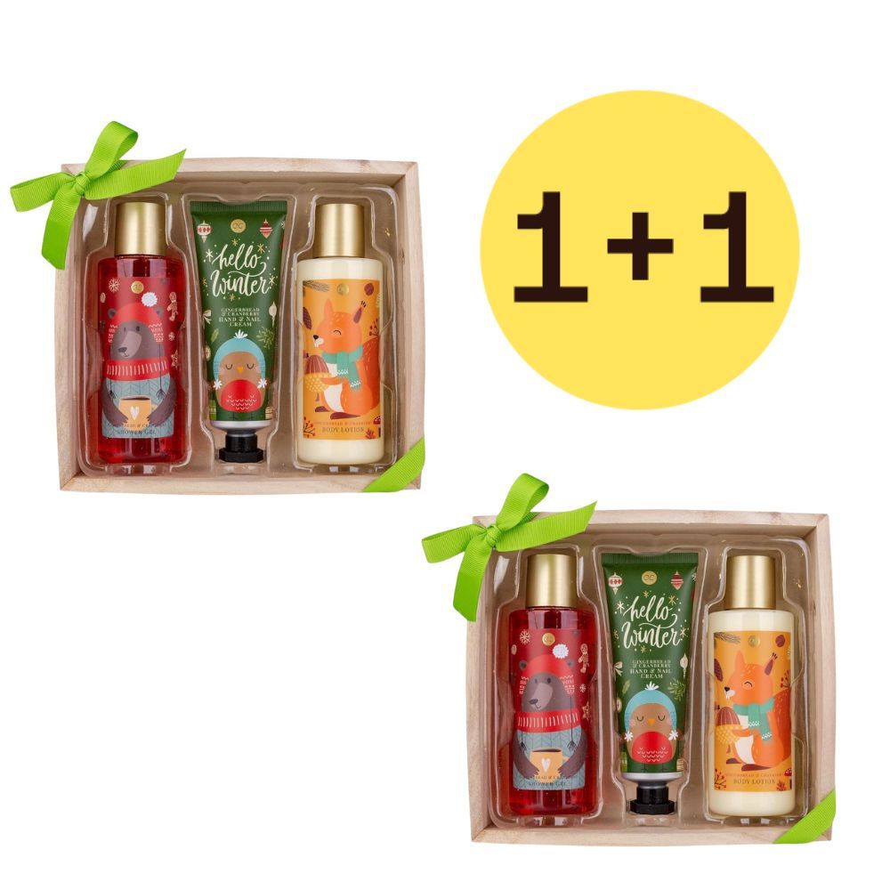 Geschenkset met douchegel, bodylotion en handcrème. Houten doos met strik. 1+1 aanbieding. Wintermotieven.