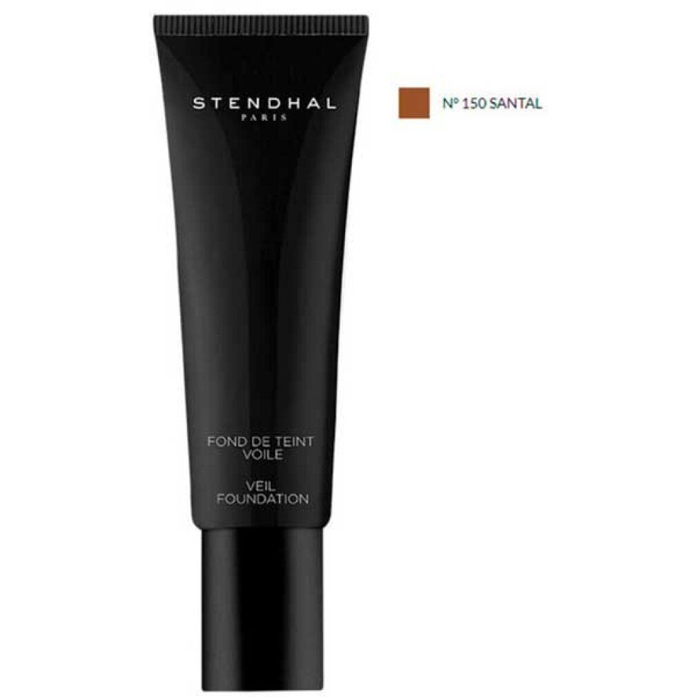 Tube noir STENDHAL PARIS. Texte: FOND DE TEINT VOILE, VEIL FOUNDATION. Nuance n° 150 SANTAL. Échantillon de couleur.