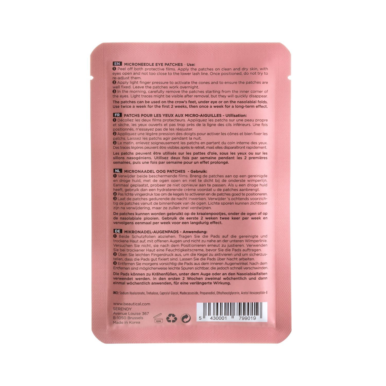 Dos de l'emballage rose BEAUTICAL. Texte multilingue. Contient des instructions d'utilisation.