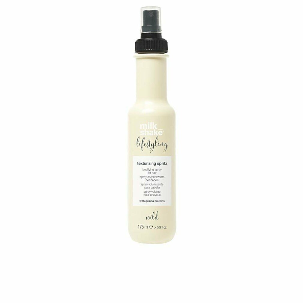 Flacon beige avec vaporisateur noir. Inscription : Milk_shake, Lifestyling, Texturizing Spritz. 175ml.